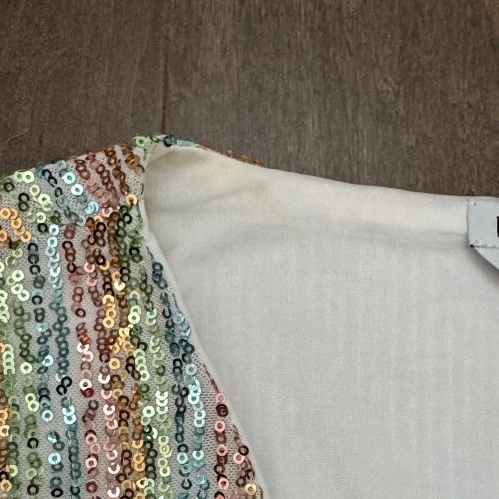 bebe XS Pastel Rainbow Sequin Balloon Sleeve Mini Dress Tie Waist